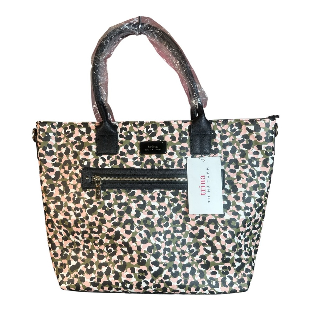 Trina Turk Pink and Green Leopard Print Tote